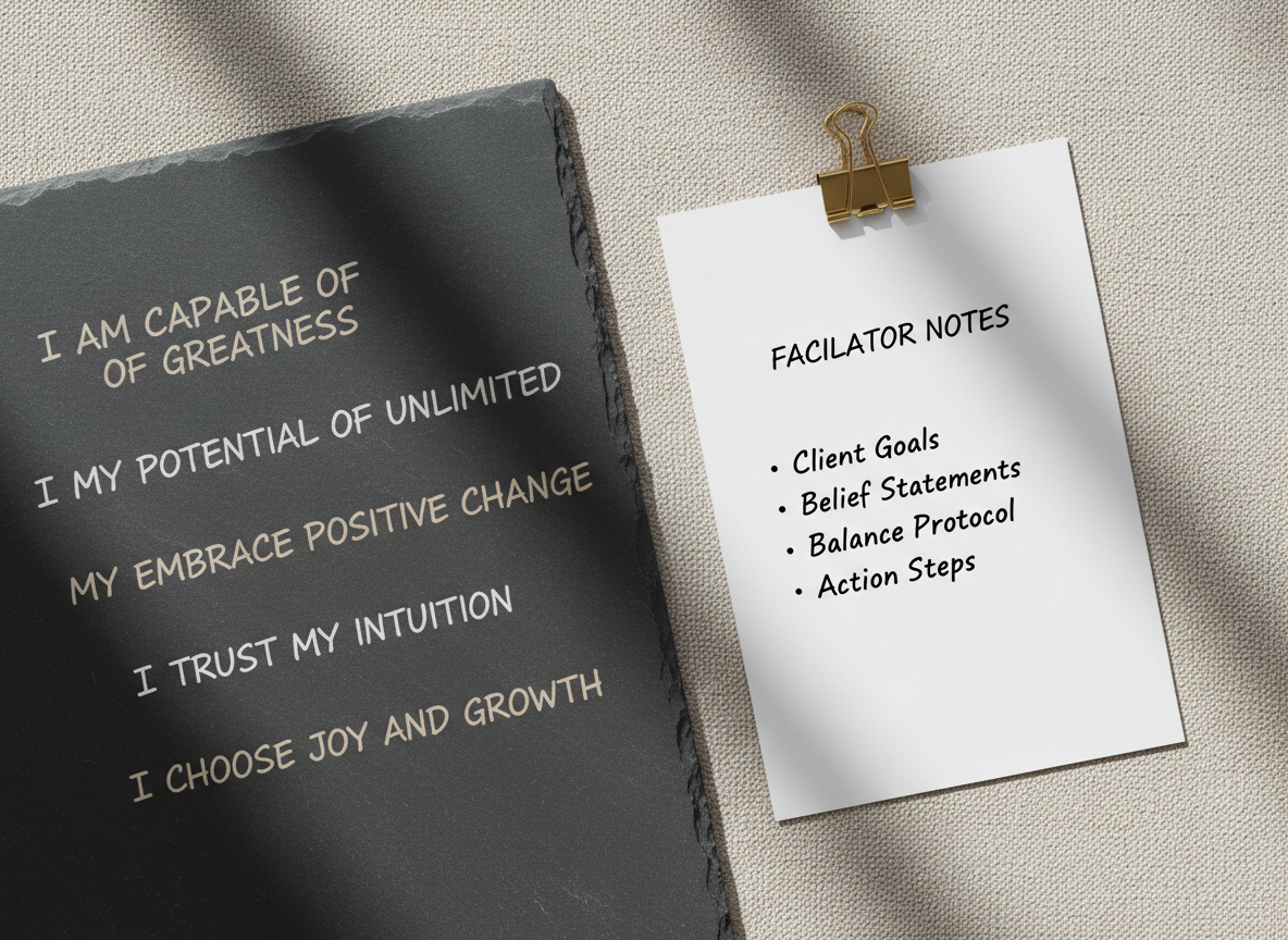 A sophisticated, matte-finish slate board displaying a selection of handwritten positive affirmations in elegant, neutral-toned chalk. The board rests against a backdrop of textured beige canvas, with a single, minimalistic gold clip securing a crisp, white sheet with key facilitator notes. Subtle natural daylight from a skylight above produces even illumination, highlighting the structured lines of the board and creating minimal, soft-edged shadows. Photographed at a gentle diagonal angle, with a rule-of-thirds composition, the image feels highly organized and motivating. This visual supports the site’s focus on thoughtful solutions and the transformative process of psych-k facilitation, aligning with a professional, corporate visual aesthetic.