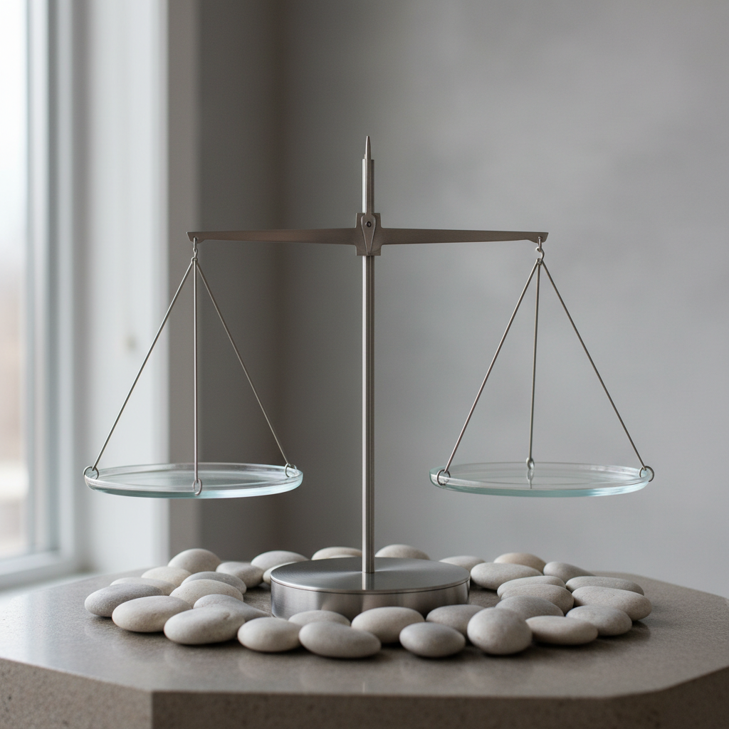 A sleek, neutral-toned balance scale made from brushed nickel and frosted glass, positioned atop a smooth, taupe stone surface. Surrounding the scale are delicate, perfectly rounded river stones arranged in a semicircle, suggesting harmony and equilibrium. The background features a muted grey wall, its texture softly blurred to maintain focus on the foreground. Cool overcast daylight illuminates the entire scene evenly, producing subtle highlights along the glass and metal and diffuse, gentle shadows beneath the scale. Photographed with a centered composition and razor-sharp focus throughout, the image communicates a balanced, structured, and solution-focused approach in a clean, modern style, conveying the professional ethos of a psych-k facilitator’s workspace.