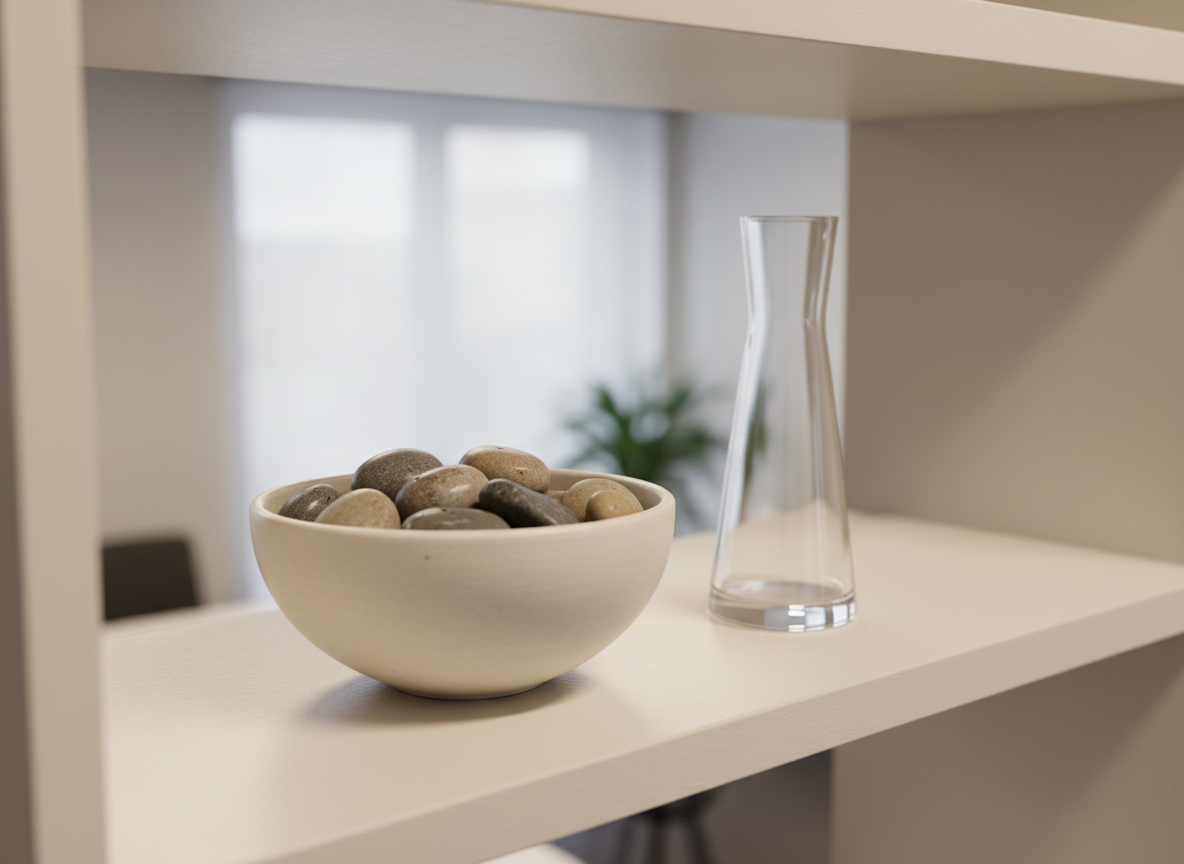 A refined arrangement of a matte ceramic bowl filled with smooth, naturally colored pebbles, carefully situated on an ivory-lacquered shelf in a quiet, modern office environment. The shelf is empty aside from a single, elegantly designed glass vase with a minimalistic form. Soft, diffused light from above casts elegant, muted highlights on the ceramics and pebbles, with discreet, gentle shadows enhancing the sense of order and calm. The shot is taken from a slightly elevated angle, using a shallow depth of field to focus attention on the foreground while keeping the background unobtrusive. The image radiates serenity and deliberate structure, supporting the site’s goal of promoting emotional clarity and breaking limiting beliefs.